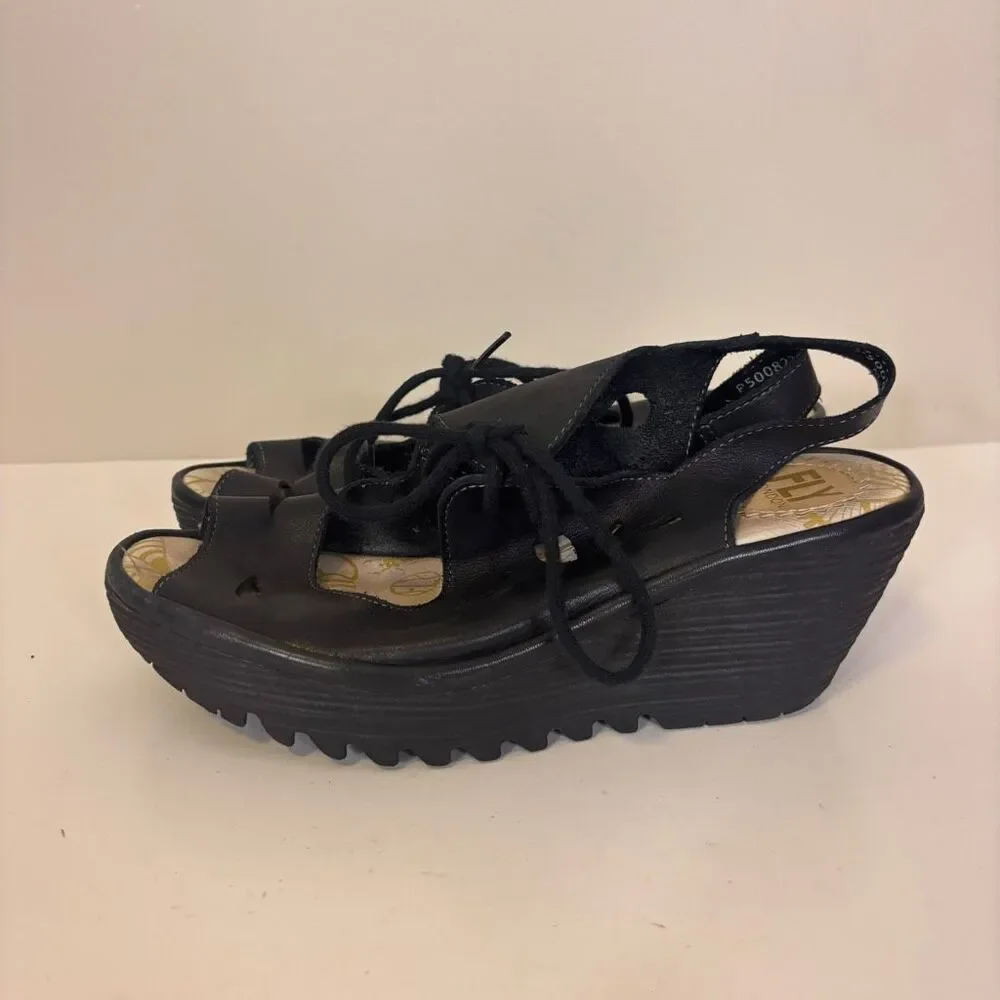 Fly London Black Leather Open Toe and Heel Cutout Detail Wedges US 6